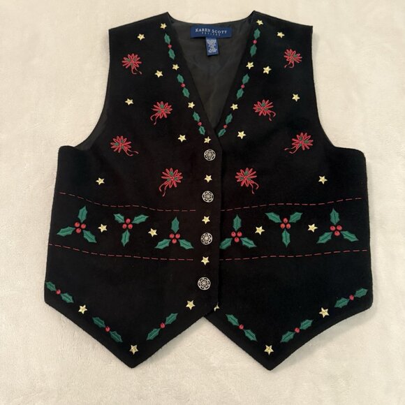 VINTAGE KAREN SCOTT Size PM Embroidered Christmas Vest Black Holiday Stars Holly - Picture 1 of 6